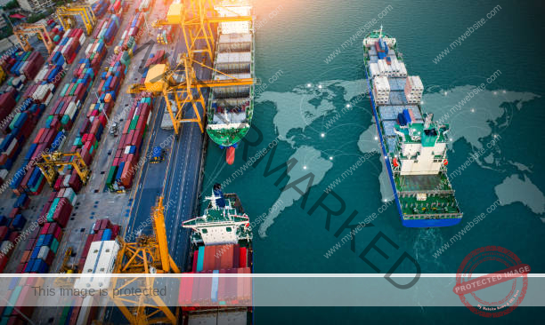 Aerial top view containers ship cargo business commercial trade logistic and transportation of international import export by container freight cargo ship with on worldmap